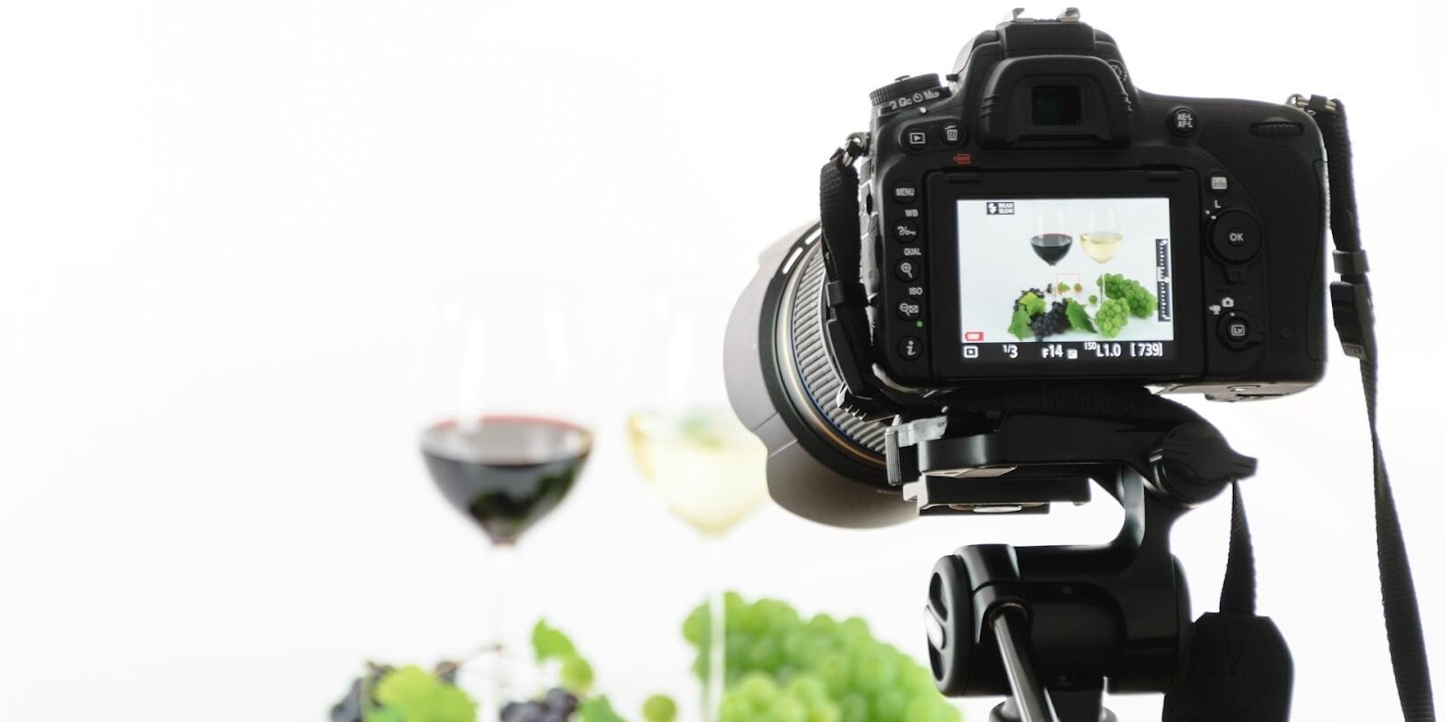 A professional camera focusing on a picture of fruits and a wine glass - best small business ideas